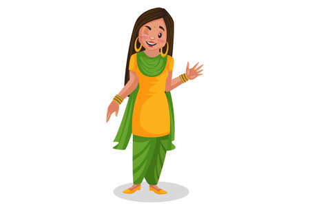 Vector graphic illustration. Punjabi girl is waving hand. Individually on a white background.のイラスト素材