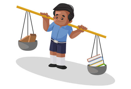 Vector graphic illustration. School boy is holding a scale on the shoulder with books and bricks. Individually on white background.のイラスト素材