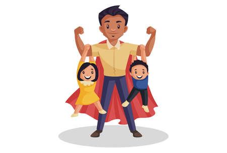 Vector graphic illustration. Super dad is hanging his kids on arms. Individually on a white background.のイラスト素材