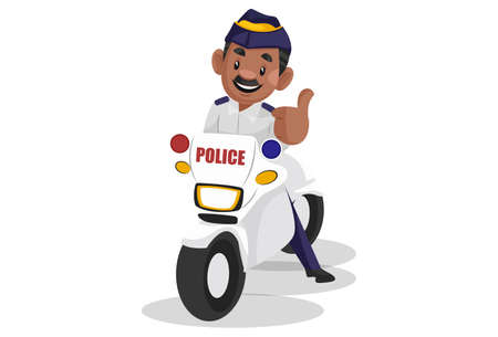 Vector graphic illustration. Traffic policeman is sitting on a bike and showing thumbs up. Individual on white background.のイラスト素材