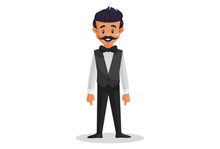 Vector graphic illustration of a happy waiter. Individual on white background.のイラスト素材