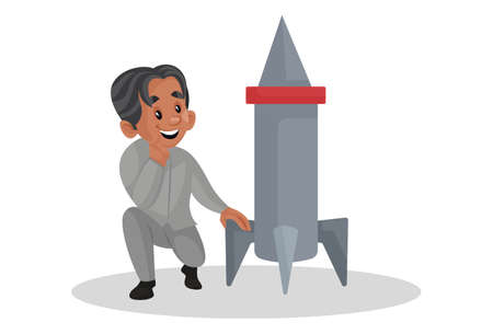 Vector graphic illustration. Scientist is looking at the rocket. Individually on a white background.のイラスト素材