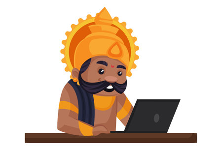 Vector graphic illustration. Ravana is working on a laptop. Individually on a white background.のイラスト素材
