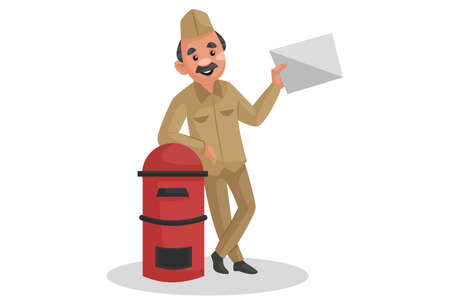 Vector graphic illustration. Postman is standing with a letterbox and holding envelope in hand. Individually on white background.のイラスト素材