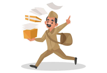 Vector graphic illustration. Postman is wearing a bag on shoulder and running for delivery with letterbox. Individually on white background.のイラスト素材