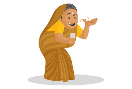 Vector graphic illustration. Manthra is holding medicine in hands. Individually on a white background.のイラスト素材