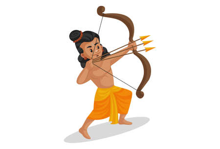 Vector graphic illustration. Lord Rama is holding three arrows in a bow and fighting. Individually...