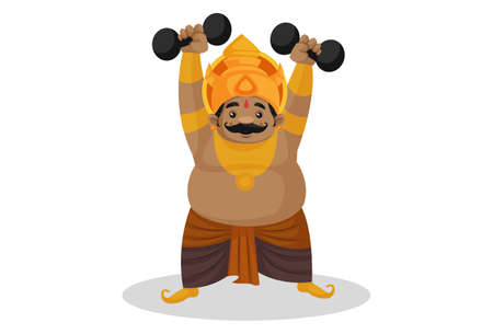Vector graphic illustration. Kumbhakarna is holding dumbbells in hands. Individually on a white background.のイラスト素材