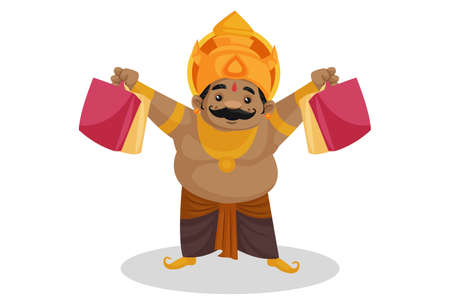 Vector graphic illustration. Kumbhakarna is holding shopping bags in hands. Individually on a white background.のイラスト素材