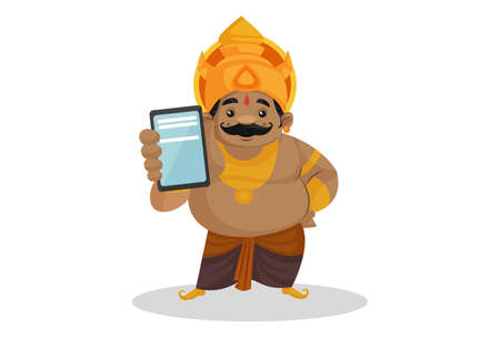 Vector graphic illustration. Kumbhakarna is showing mobile phone. Individually on a white...