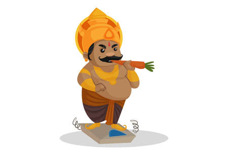 Vector graphic illustration. Kumbhakarna is standing on a weighing machine and eating a carrot. Individually on a white background.のイラスト素材