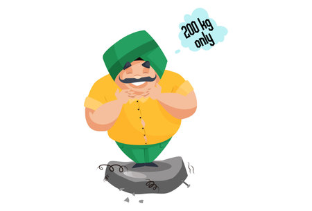 Punjabi man is standing on the weighing machine and smiling to see its weight is 200kg only. Vector graphic illustration. Individually on a white background.のイラスト素材