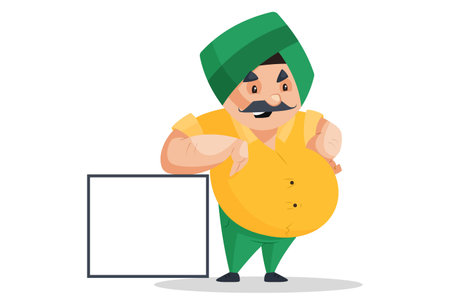 Punjabi man is standing with a whiteboard. Vector graphic illustration. Individually on a white background.のイラスト素材
