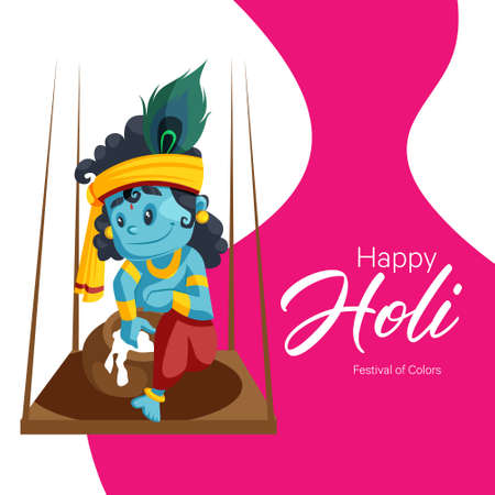 Happy Holi festival of colors banner design with lord Krishna sitting on the swing. Vector graphic illustration.のイラスト素材