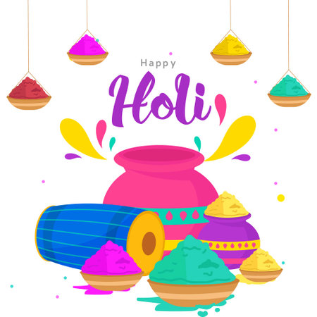 Happy Holi Indian festival flat banner design template. Vector graphic illustration.のイラスト素材
