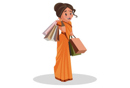 Vector graphic illustration. Goddess Sita is holding shopping bags in hands. Individually on white background.のイラスト素材