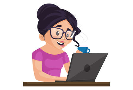 Vector graphic illustration. Girl graphic designer is working on a laptop and holding a tea cup in hand. Individually on white background.のイラスト素材