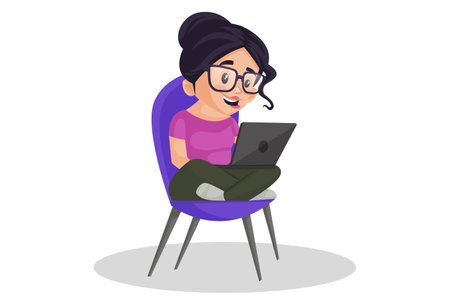 Vector graphic illustration. Girl graphic designer is sitting on a chair and working on a laptop. Individually on white background.のイラスト素材