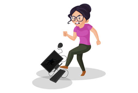 Vector graphic illustration. Girl graphic designer is breaking a computer in anger. Individually on white background.のイラスト素材