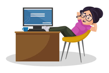 Vector graphic illustration. Girl graphic designer is sitting in a relaxing mood on a chair. Individually on white background.のイラスト素材