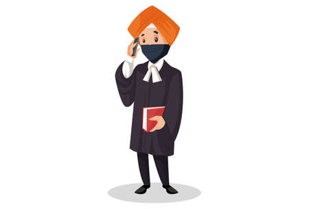 Punjabi judge is talking on a mobile phone and holding a book in hand. Vector graphic illustration. Individually on white background.のイラスト素材