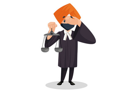 Punjabi judge is holding scales and covering his eyes with other hand. Vector graphic illustration. Individually on white background.のイラスト素材