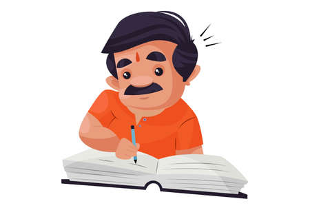 Shopkeeper is writing with pen on notebook. Vector graphic illustration. Individually on a white background.のイラスト素材