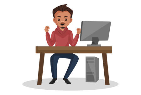 Vector graphic illustration. Graphic designer is working on a computer and getting happy. Individually on white background.のイラスト素材