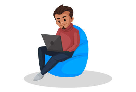 Vector graphic illustration. Graphic designer is sitting on a bean bag and working on a laptop. Individually on white background.のイラスト素材