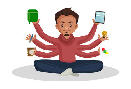 Vector graphic illustration. Graphic designer is with multiple hands and equipment. Individually on white background.のイラスト素材