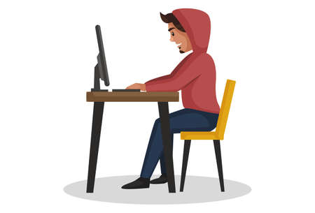 Vector graphic illustration. Graphic designer is sitting on a chair and working on a computer. Individually on white background.のイラスト素材