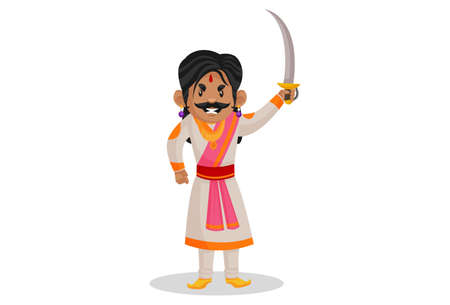 Vector graphic illustration. Samrat Ashok is angry and holding a sword in his hand. Individually on a white background.のイラスト素材