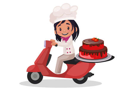 Bakery girl is going for cake delivery on scooter. Vector graphic illustration. Individually on a white background.のイラスト素材