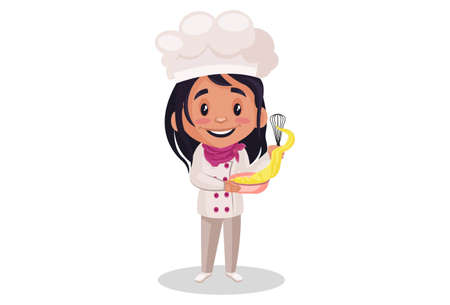 Bakery girl is making cake batter with the beater. Vector graphic illustration. Individually on a white background.のイラスト素材