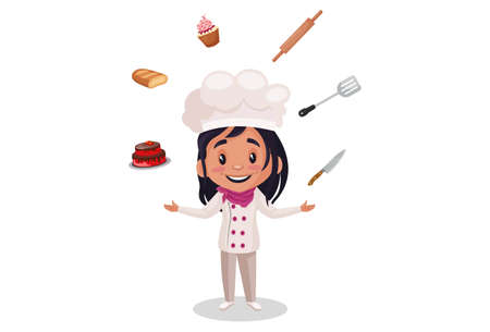 Bakery girl is with her equipment. Vector graphic illustration. Individually on a white background.のイラスト素材