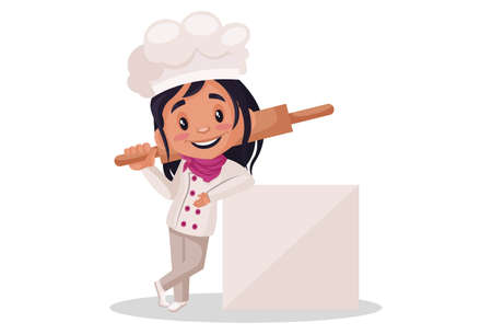 Bakery girl is holding rolling pin and standing with a whiteboard. Vector graphic illustration. Individually on a white background.のイラスト素材