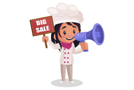 Bakery girl is holding megaphone in one hand and holding big sale signboard in other hand. Vector graphic illustration. Individually on a white background.のイラスト素材