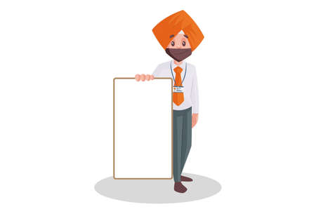 Punjabi banker is standing with a whiteboard. Vector graphic illustration. Individually on a white background.のイラスト素材