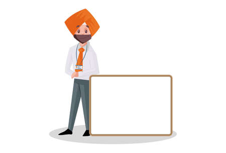 Punjabi banker is standing with a whiteboard. Vector graphic illustration. Individually on a white background.のイラスト素材