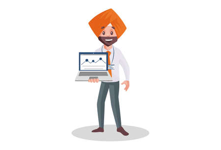 Punjabi banker is showing laptop. Vector graphic illustration. Individually on a white background.のイラスト素材