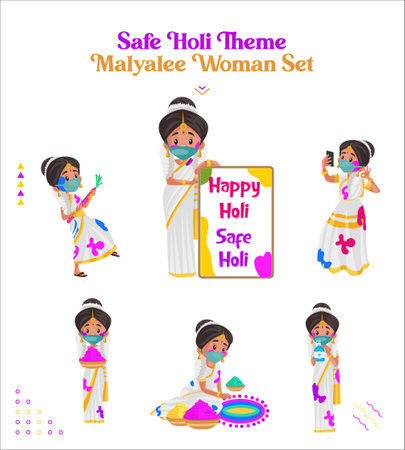 Safe Holi theme Malyalee woman set. Vector graphic illustration. Individually on white background.のイラスト素材