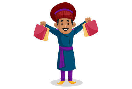 Vector graphic illustration. Birbal is holding shopping bags in both hands. Individually on a white background.のイラスト素材