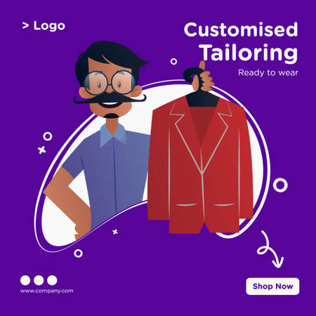 Customised tailoring banner design. Tailor is holding coat in hand. Vector graphic illustration.のイラスト素材