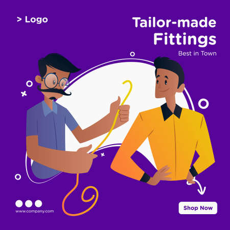 Tailor-made fittings banner design. Tailor is holding measuring tape and standing with a boy. Vector graphic illustration.のイラスト素材