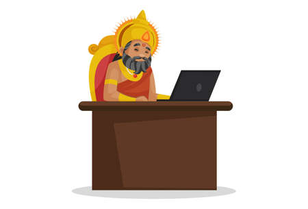King Dhritarashtra is sitting on the chair and working on the laptop. Vector graphic illustration. Individually on a white background.のイラスト素材