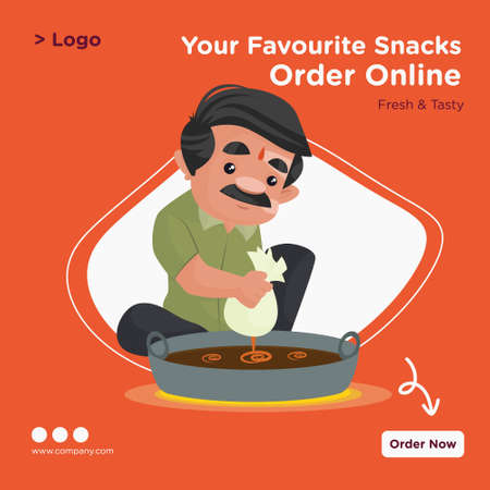 Your favourite snacks order online banner design. Confectioner is making sweets in a big pot. Vector graphic illustration.のイラスト素材