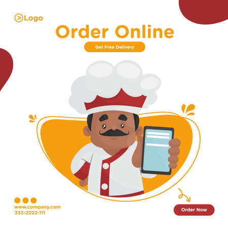 Order online food banner design. Chef showing a mobile. Vector graphic illustration.のイラスト素材