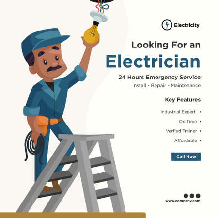 Looking for an electrician banner design for social media. Electrician fitting bulb of the roof. Vector graphic illustration.のイラスト素材