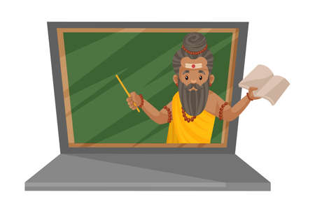 Dronacharya is on the laptop for online teaching. Vector graphic illustration. Individually on a white background.のイラスト素材