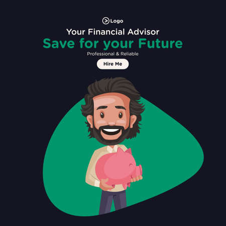 Save for your future banner design. Financial advisor is holding piggy bank in his hands. Vector graphic illustration.のイラスト素材